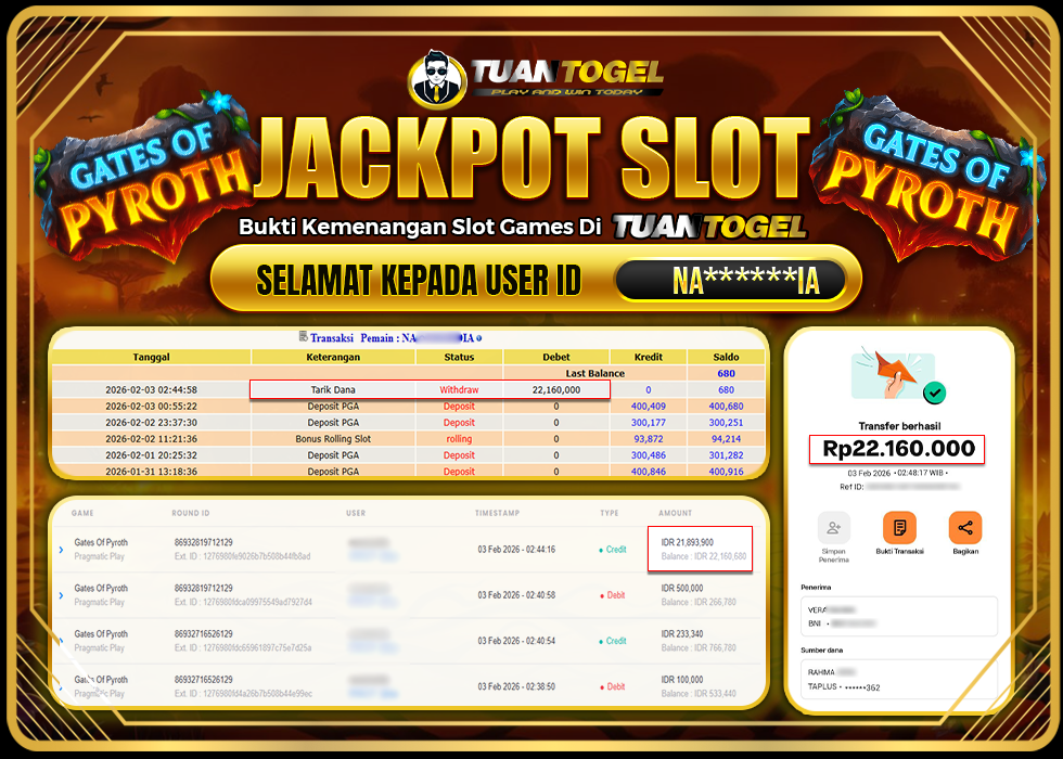TUANTOGEL JACKPOT SLOT GATES OF PYROTH Rp 22.160.000,- LUNAS